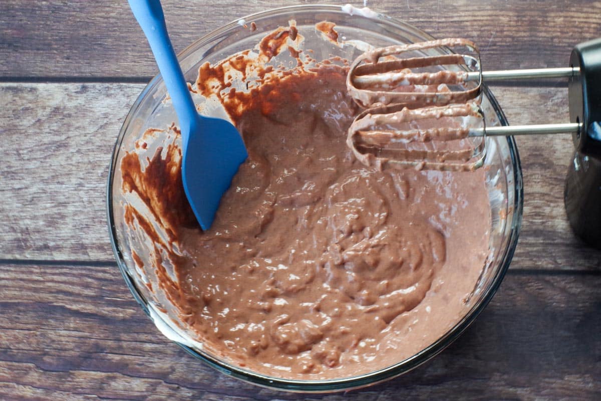 chocolate mixture into strawberry cream cheese mixture in a large glass bowl