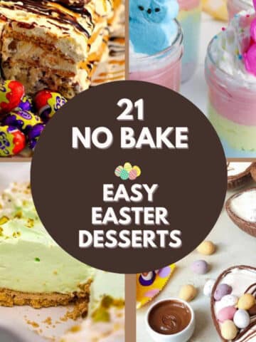 collage of 4 photos of No Bake Easy Easter desserts with text in the middle