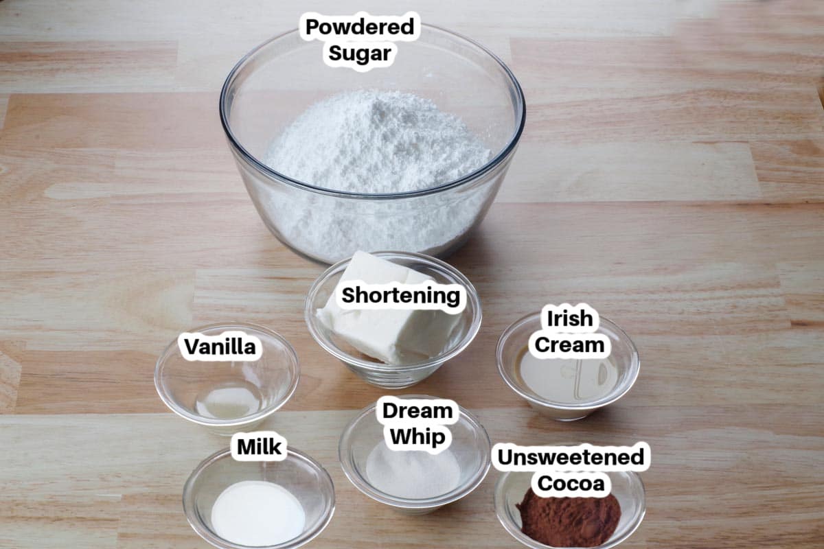 ingredients in chocolate irish cream frosting labelled and in bowls