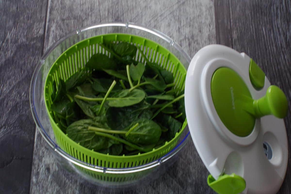 Spinach leaves in a salad spinner