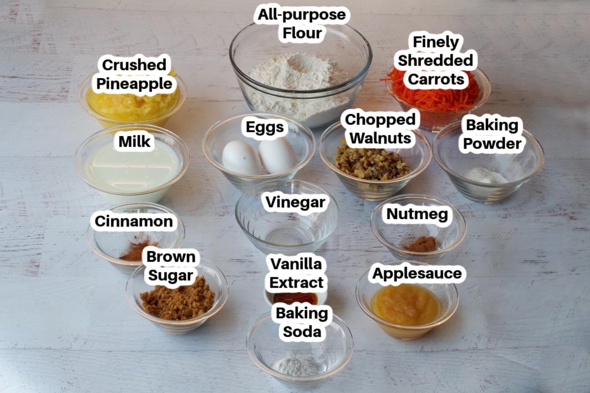 sheet pan carrot cake pancake ingredients in glass bowls, labelled