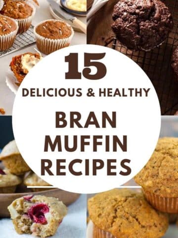 a collage of 4 photos of bran muffins with text in the middle