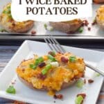 A Caesar twice baked potato on a white plate with a fork and a sheet pan of more potatoes in background