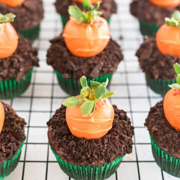 carrot patch cupcakes on a wire rack