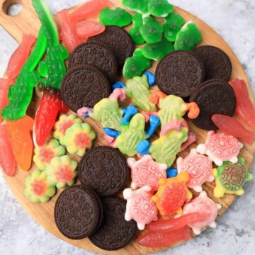cookies, candy turtles, alligators, and flowers on an orange plate