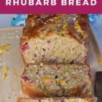 healthy rhubarb bread on a cutting board with 3 pieces sliced