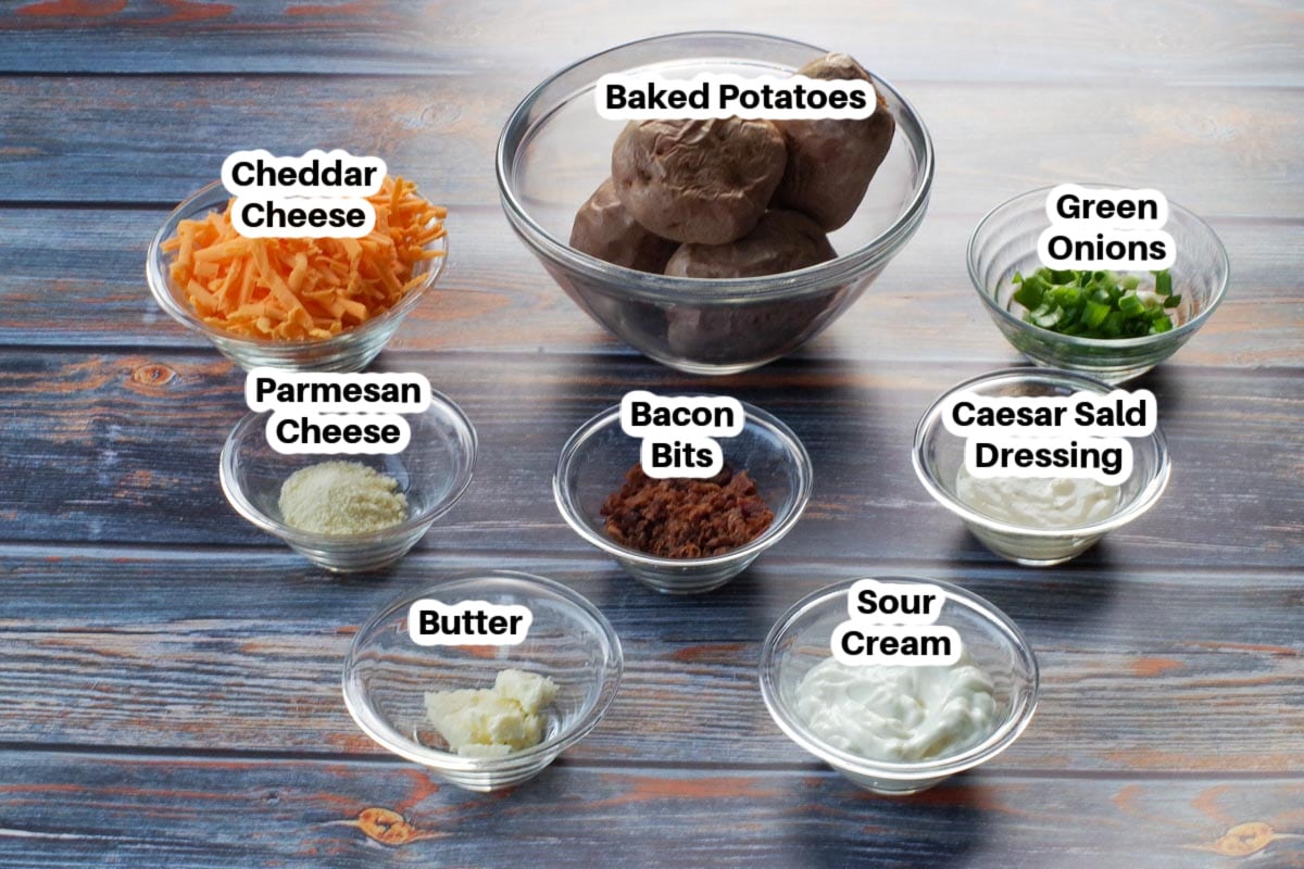 ingredients in twice baked caesar potatoes in glass bowls, labelled