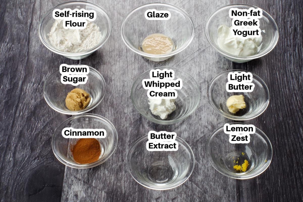 ingredients in healthy cinnamon roll in a mug in glass bowls, labelled