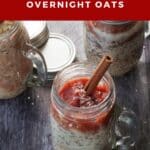 rhubarb overnight oats in a jar with 2 other jars in the background