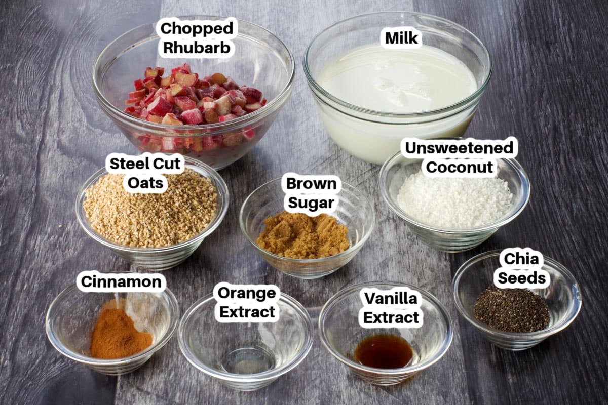 ingredients in rhubarb overnight oats in glass bowls, labelled