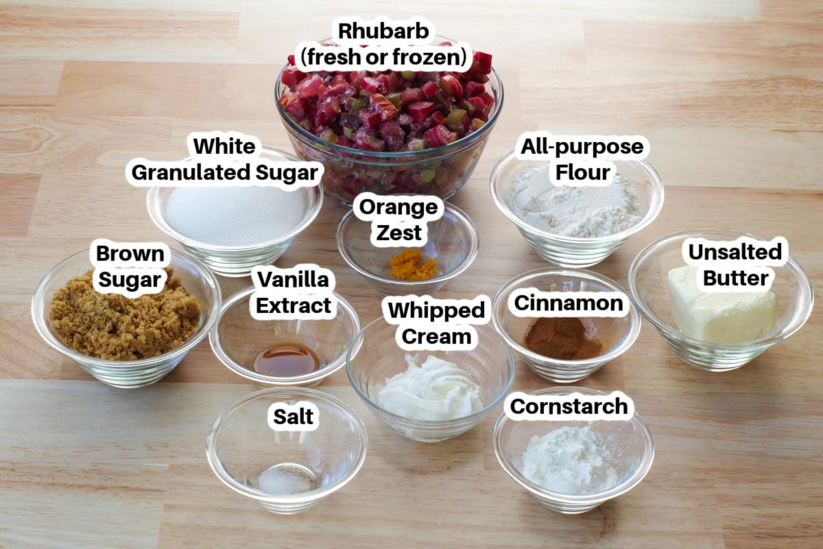 Old fashioned Rhubarb Crumble ingredients in glass bowls, labelled