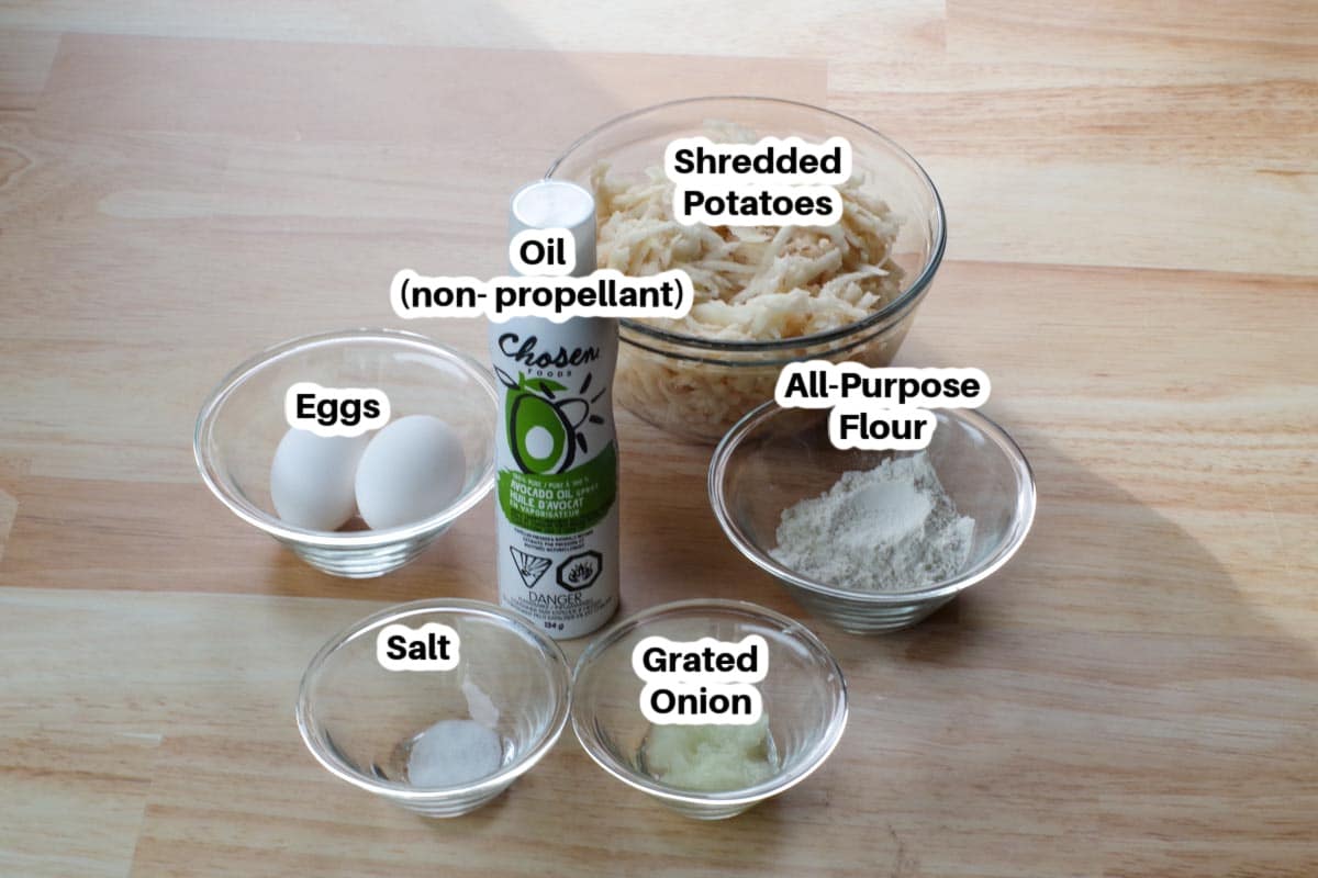 ingredients in air fryer potato pancakes in glass bowls