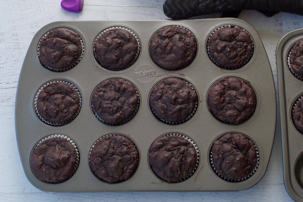 ww chocolate zucchini muffins baked in pan