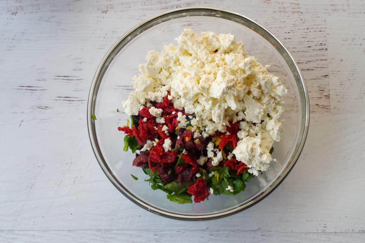 filling ingredients in a glass bowl