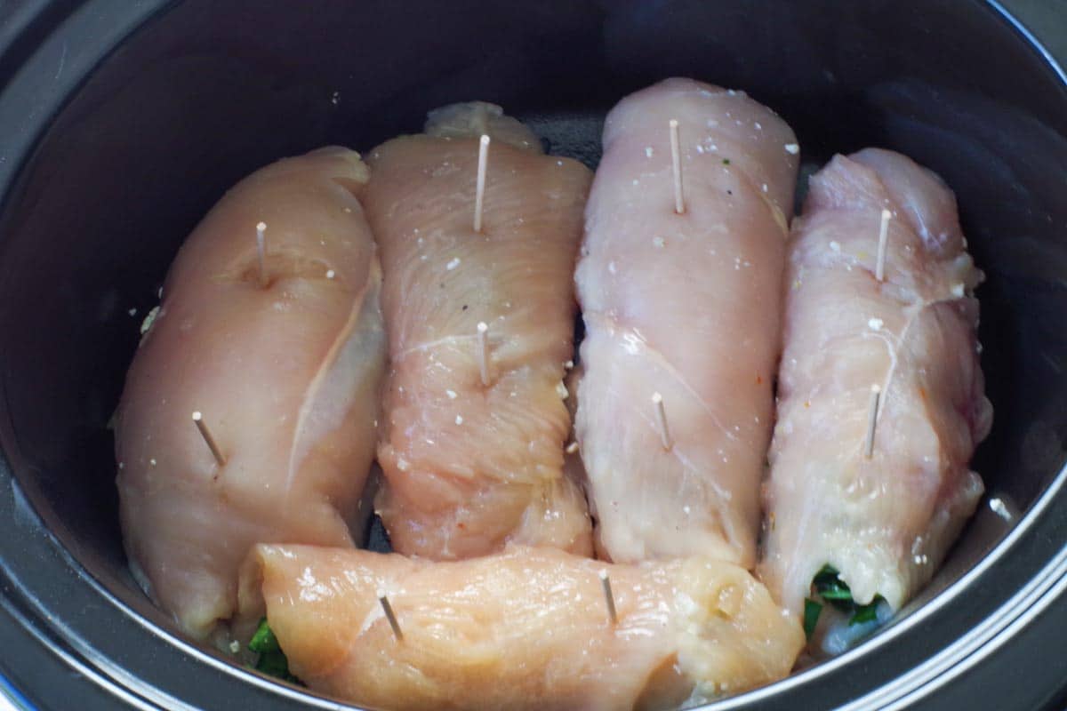 rolled chicken breasts seam-side down in slow cooker