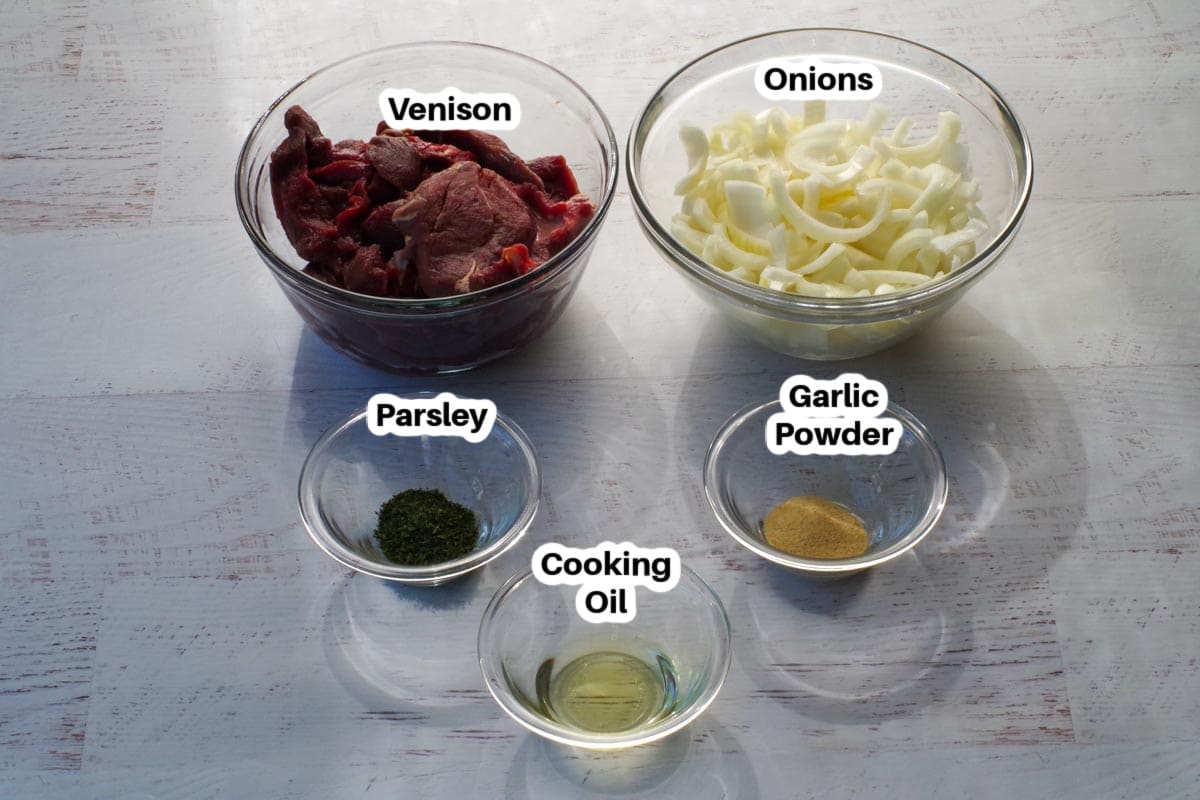 Pan fried venison ingredients in glass bowls, labelled