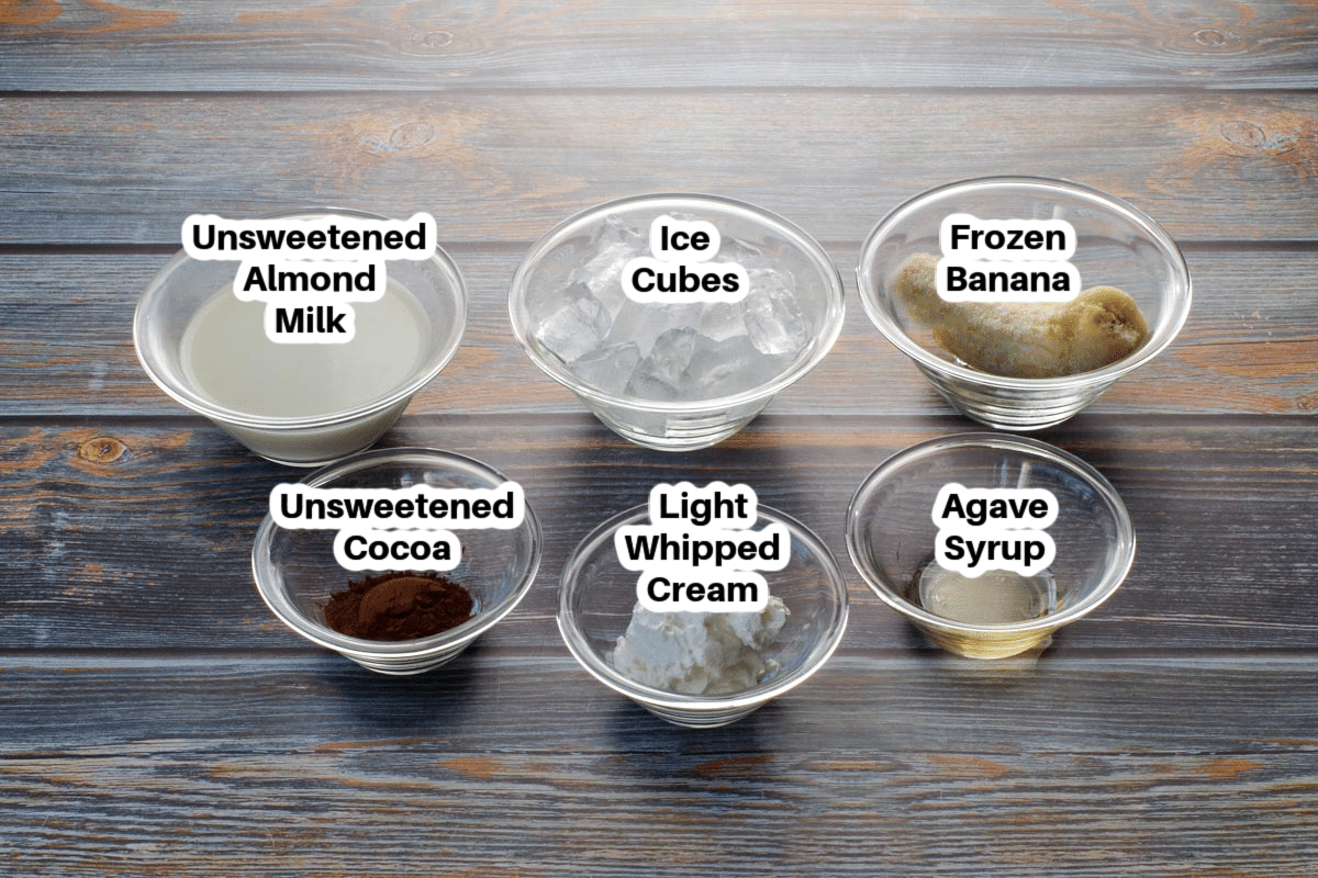 Ingredients in a WW chocolate frosty in bowls, labelled