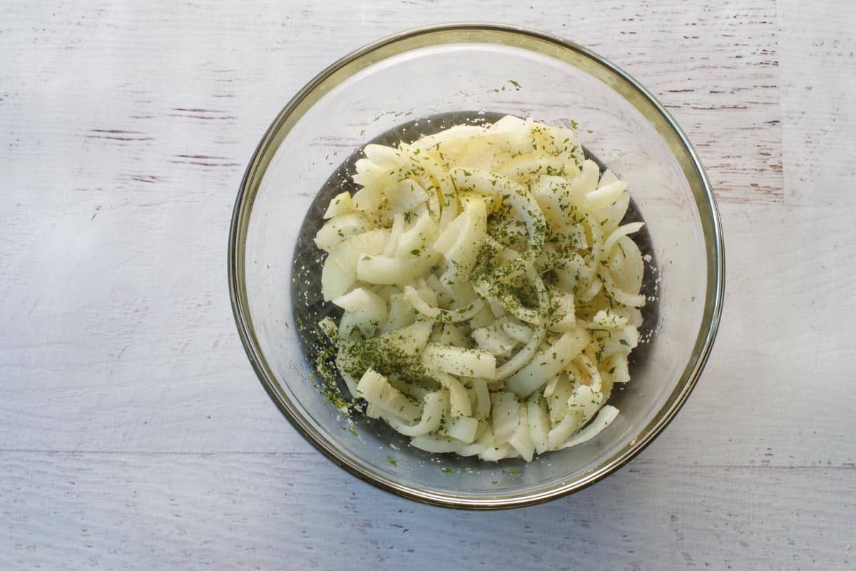 Microwaved onion mixture in glass bowl