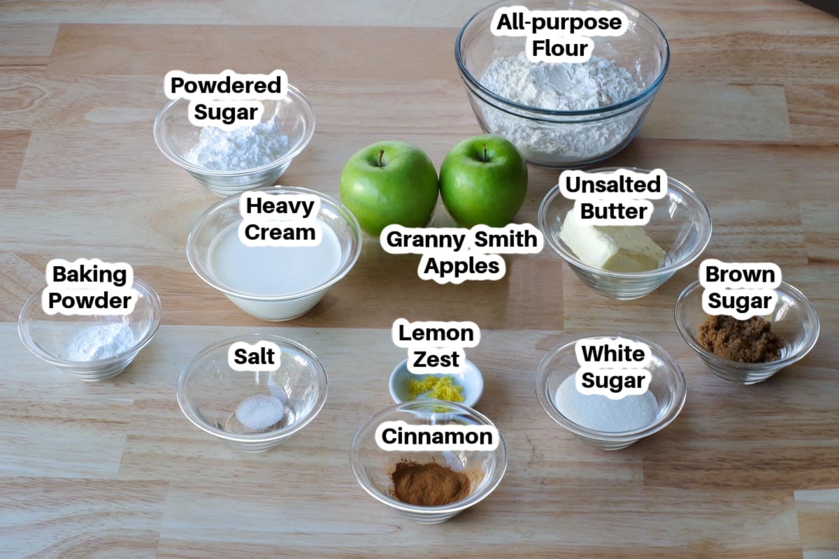 ingredients in apple cinnamon scones in glass bowls, labelled