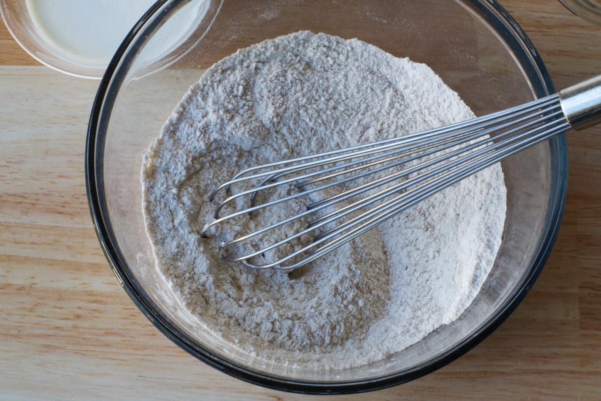 Dry ingredients and lemon zest whisked together in a large glass bowl