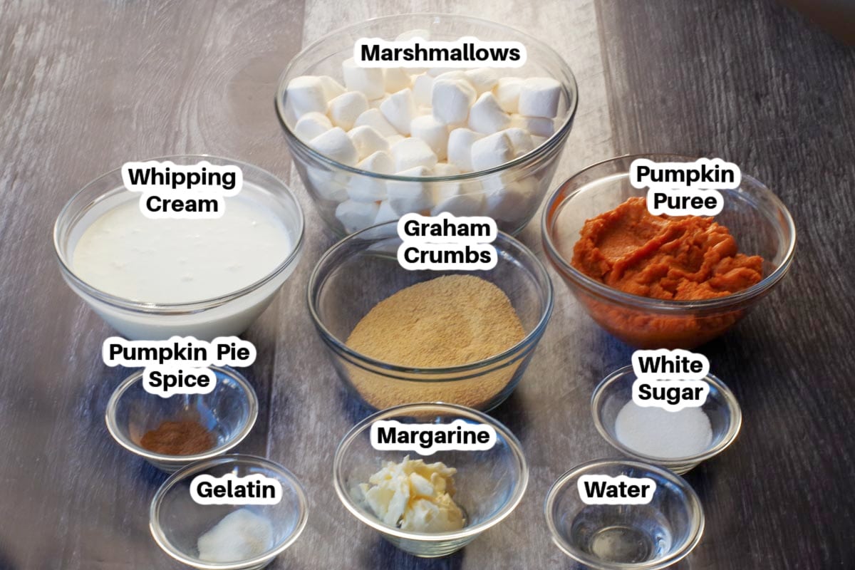 Ingredients in easy layered pumpkin dessert in glass bowls