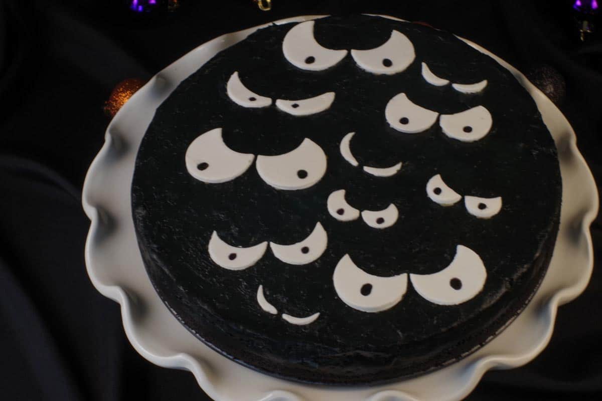 eyes added to black cheesecake