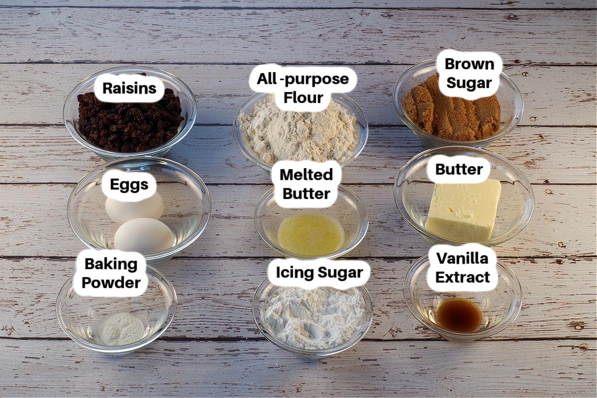 Ingredients in Butter Tart Slice in glass bowls, labelled. 