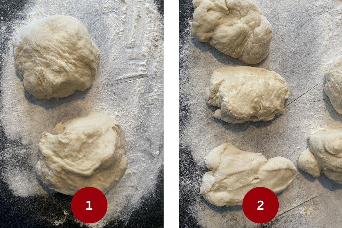 2 photo collage of dough divided into 2 , then 5 pieces on floured cutting board.