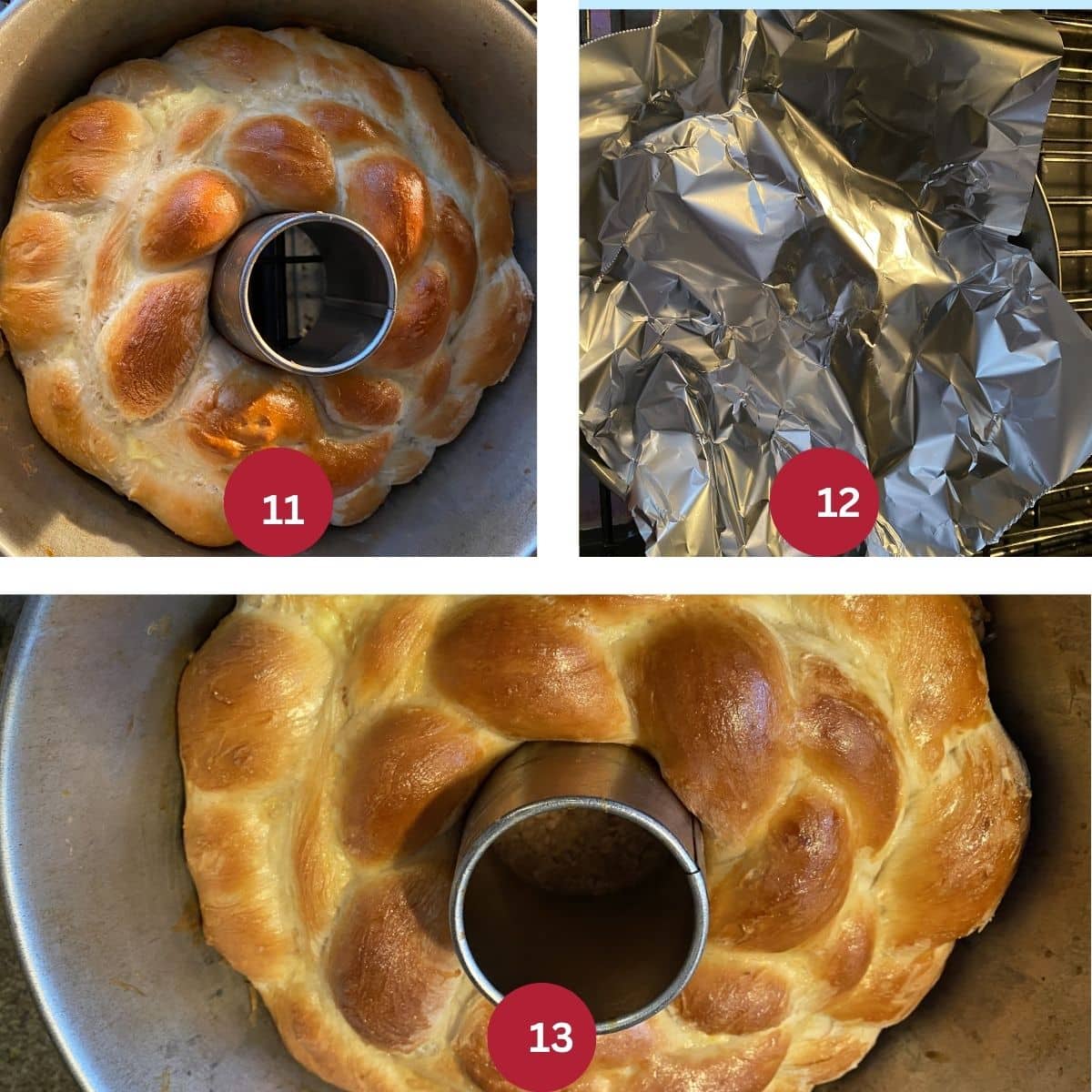 Collage of 3 photos of Kolach Ukrainian bread being baked.