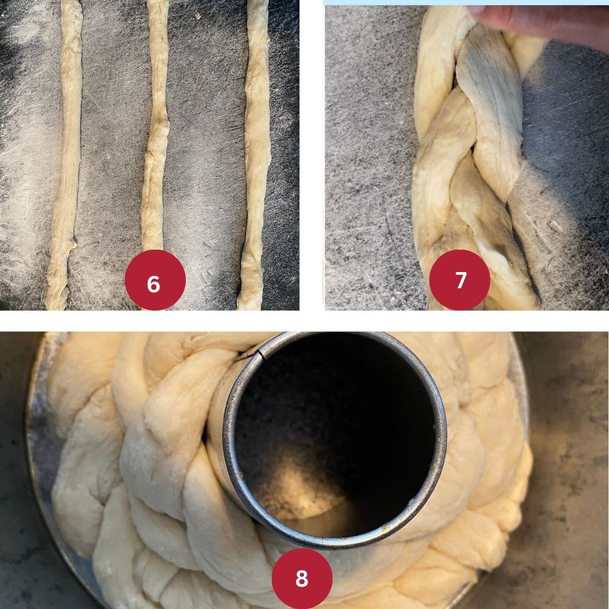 Collage of 3 photos of 2nd layer of Ukrainian Kolach being made.