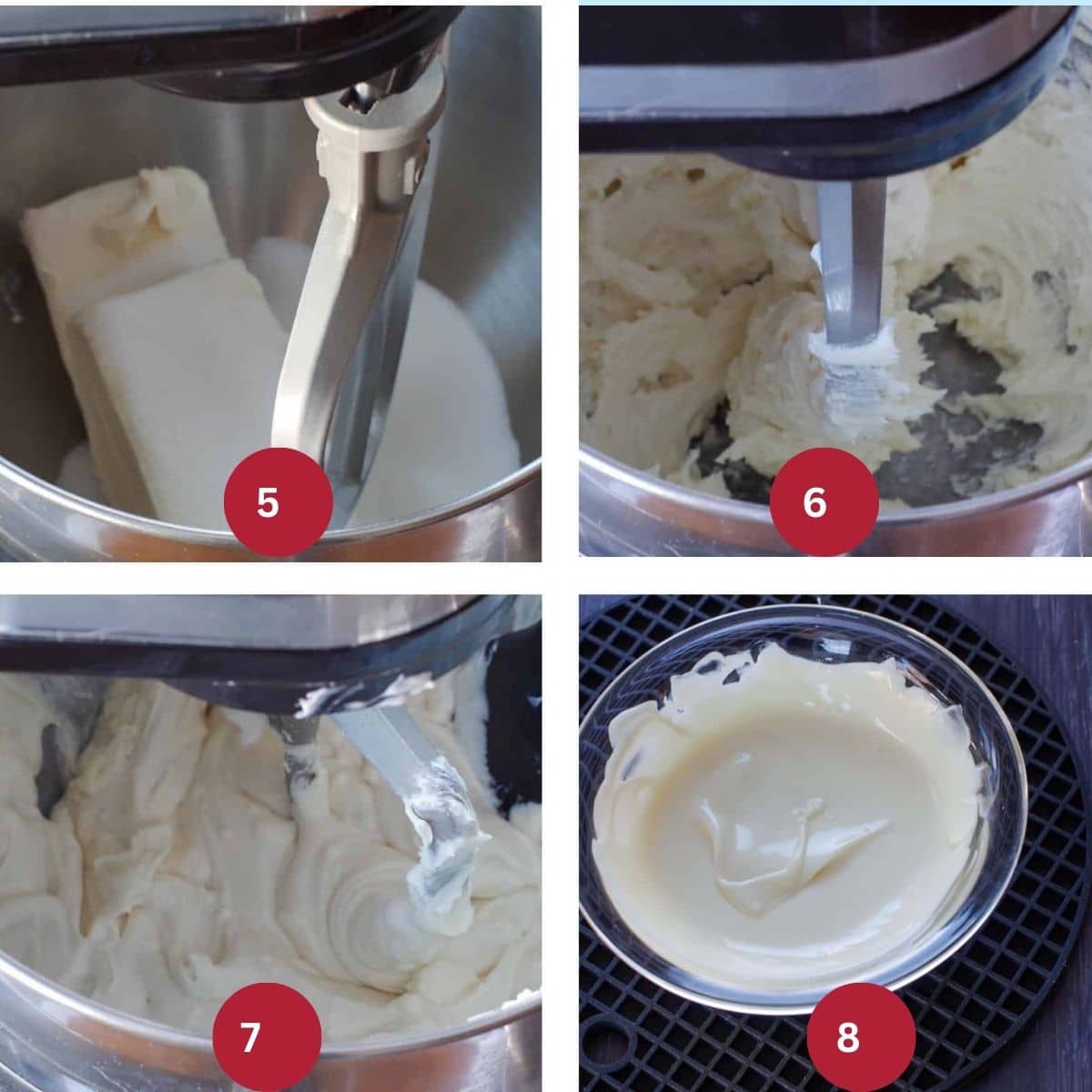 Collage of 4 photos of No Bake Baileys Cheesecake filling being made (part 1).