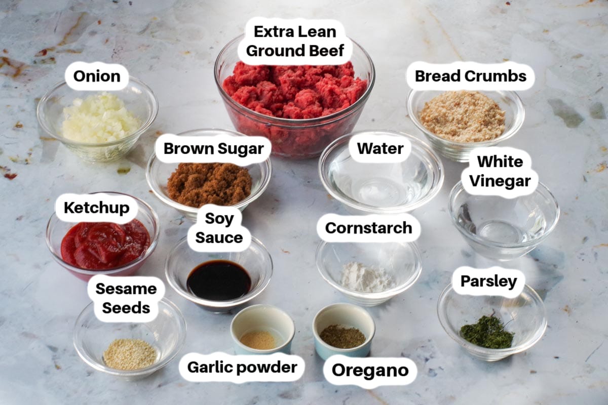 Ingredients in Slow Cooker Meatballs in glass bowls, labelled.