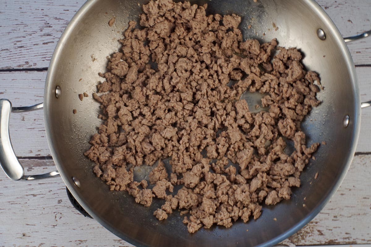 Ground turkey cooked in a wok.