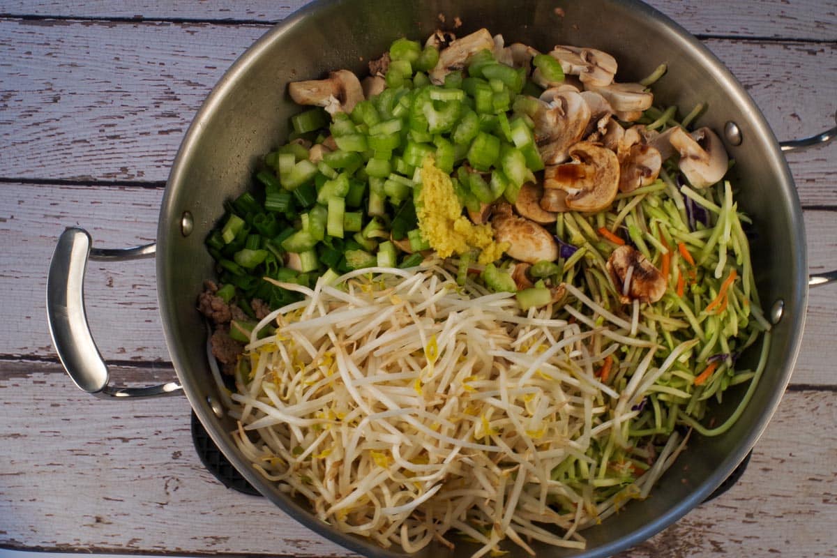 Remaining ingredients added to wok with cooked ground turkey.