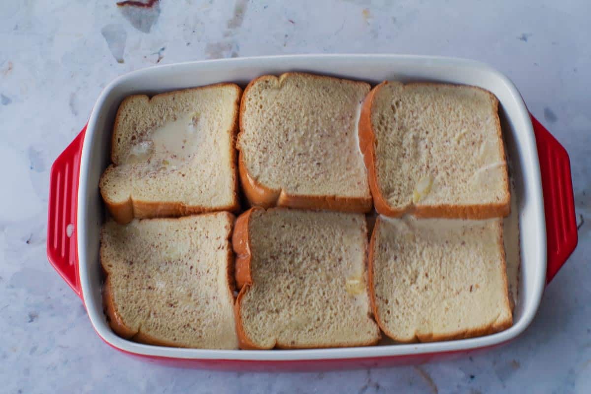 Bread soaked with liquid mixture.