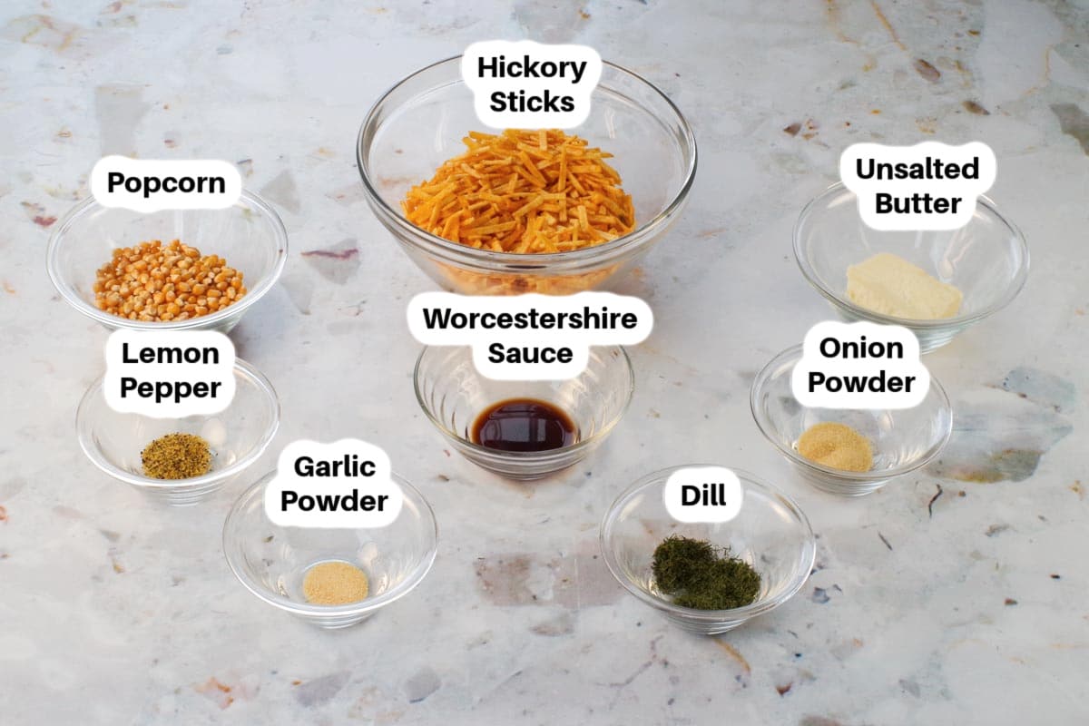 Ingredients in Harvest Popcorn in glass bowls, labelled.