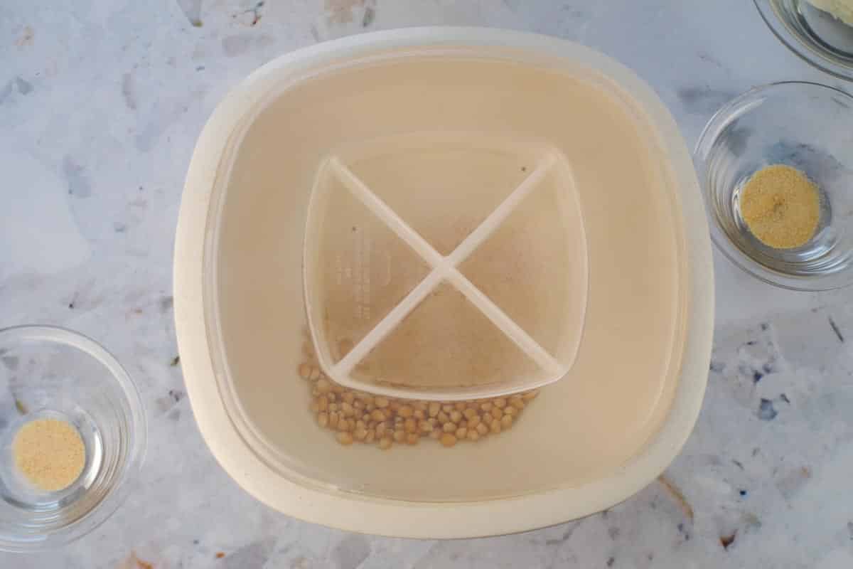 Popcorn kernels in microwave popper with lid on.