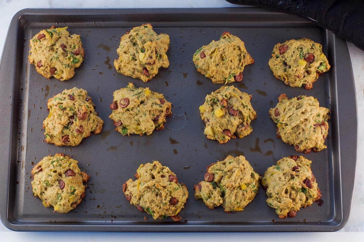 Baked cookies on cookie sheet.