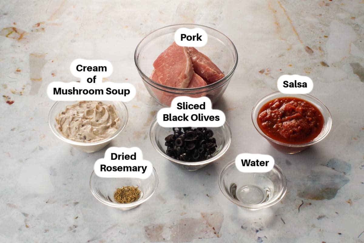 Ingredients in Pork with Creamy Mushroom Sauce in glass bowls, labelled.