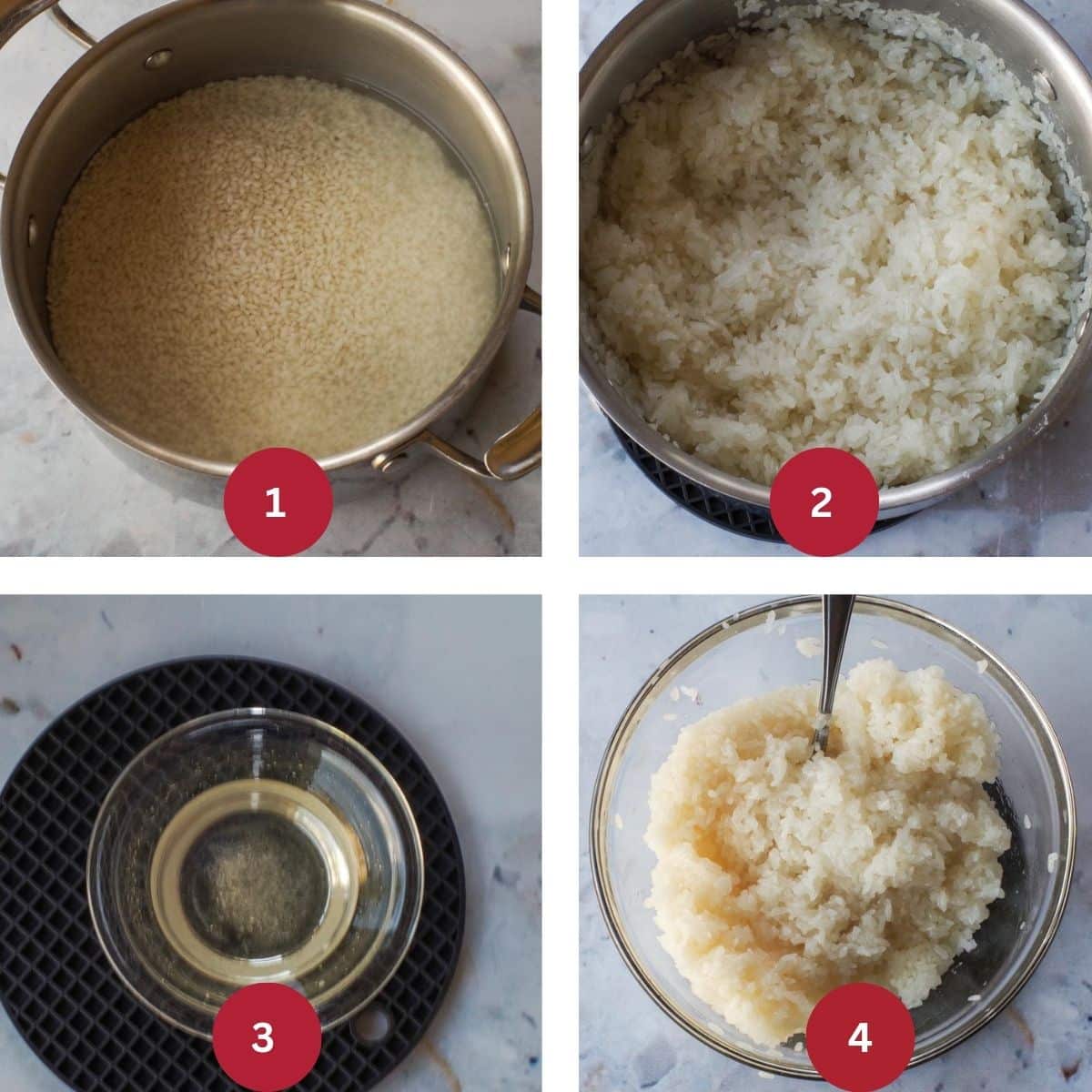 Collage of 4 photos of Sushi rice being made.