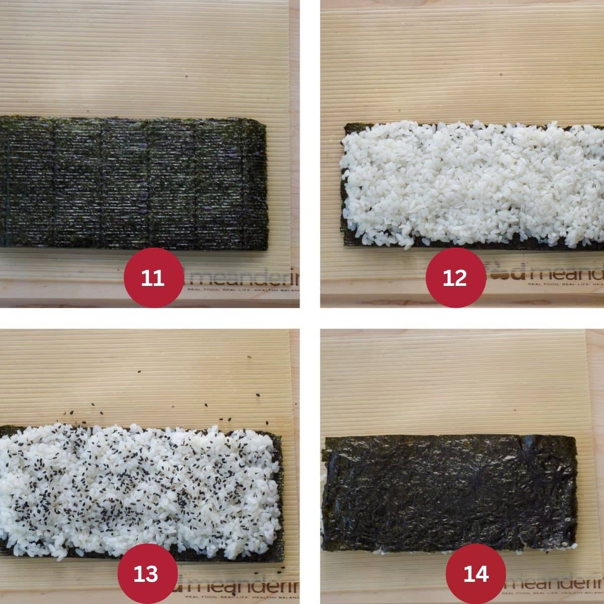 Collage of 4 photos of sushi rice being added to seaweed to make california rolls