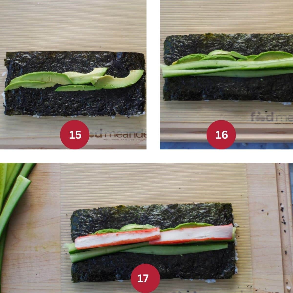 Collage of 3 photos of avocado, cucumber and imitation grab being added to the middle of the half shee to Nori seaweed.