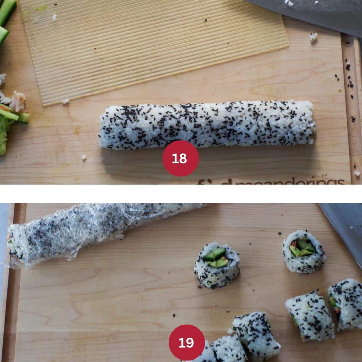 Collage of 2 photos of a California Roll rolled up and sliced.