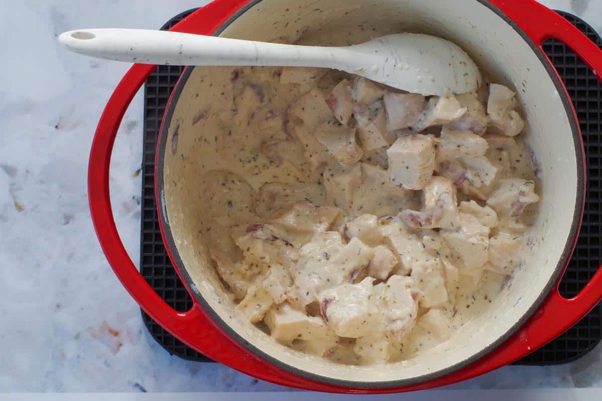 Sour cream, lemon juice and zest added to chicken mixture.