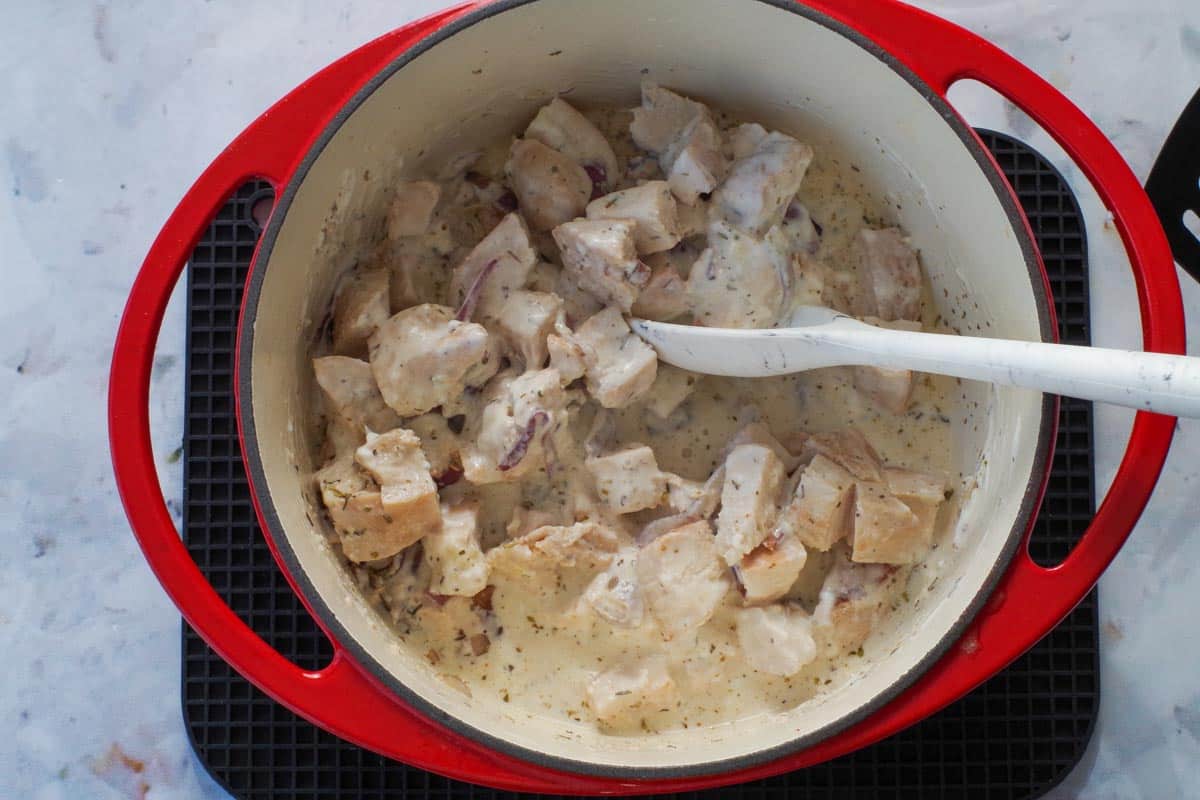no cream creamy chicken lemon pasta in a dutch oven