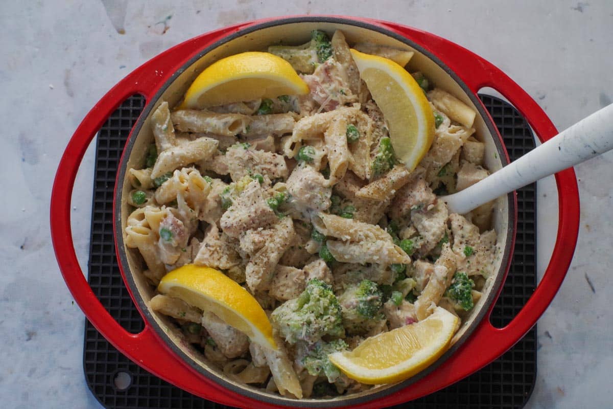 Pasta Garnished with lemons and low-fat parmesan cheese.