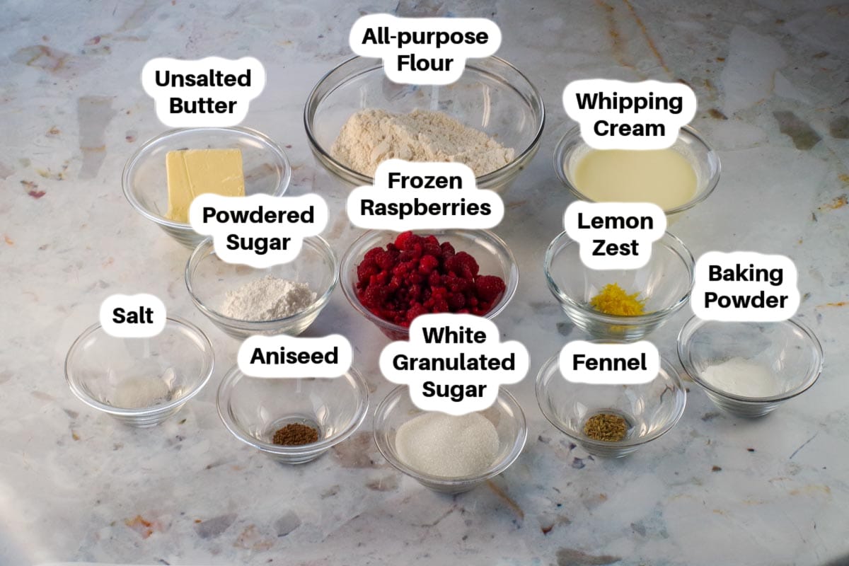 Raspberry Lemon scone ingredients in glass bowls, labelled.