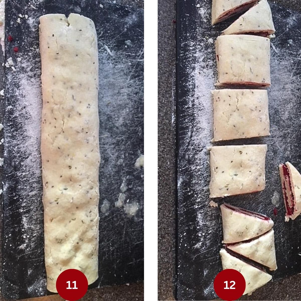2 photo collage of raspberry lemon scones being rolled and cut.