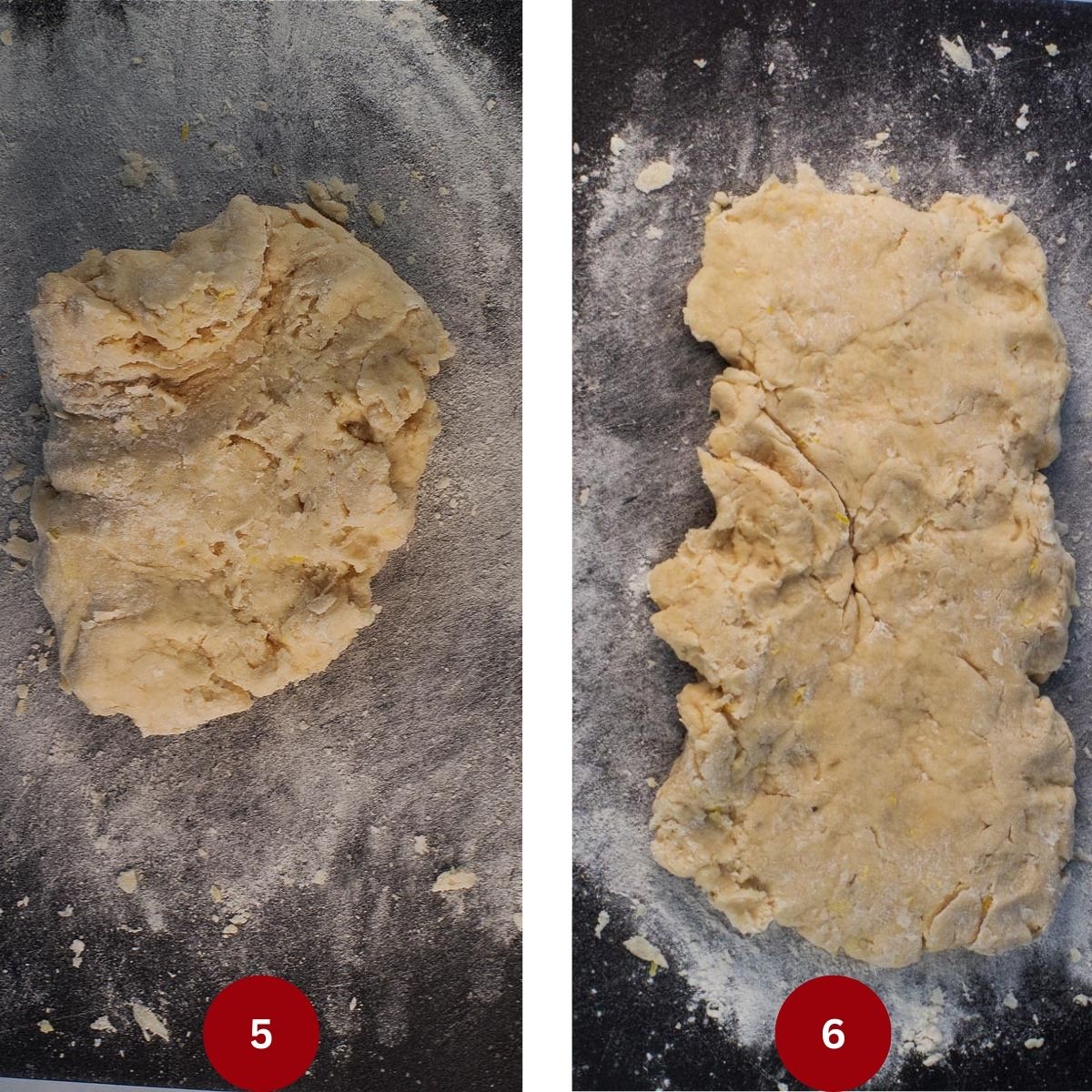 Collage of 2 photos of dough being shaped for raspberry lemon scones.