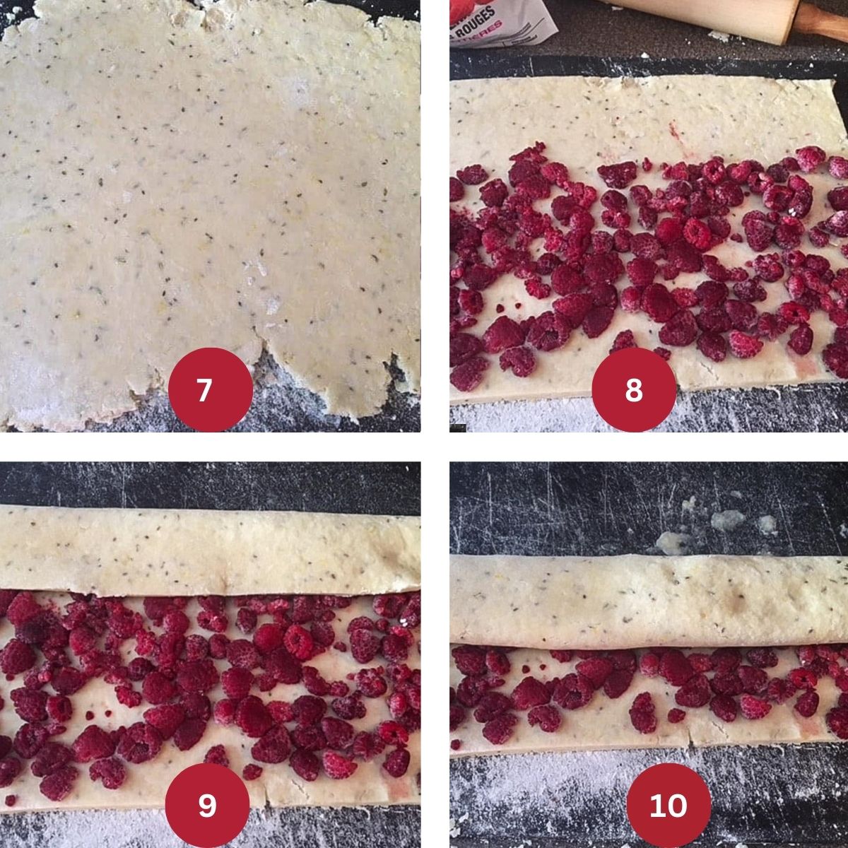4 photo collage of raspberry scones being assembled.